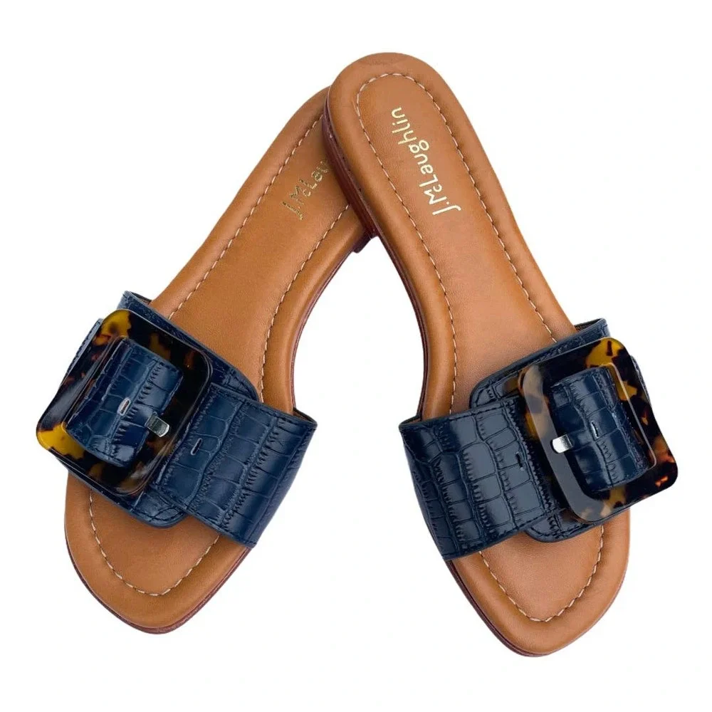 J. McLaughlin Navy Croc-Embossed Slide Sandals with Tortoiseshell Buckle